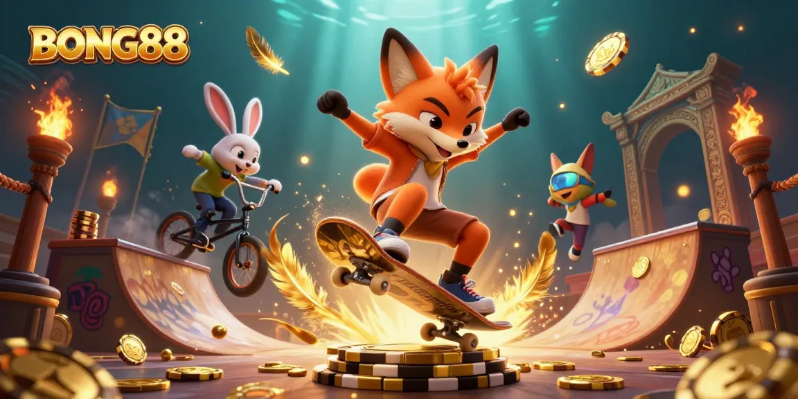 BONG88 showcases a vibrant casino-themed scene with a fox and rabbit performing stunts around poker chips and casino symbols.