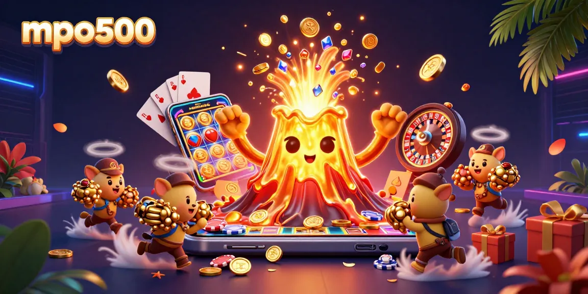 Experience the thrilling world of mpo500 with animated treasures exploding from a volcano.