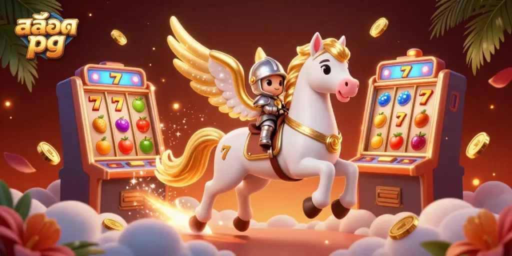 Engage in thrilling gameplay with สล็อต pg as a 3D knight on a celestial horse dashes through fruit-filled slot machines.