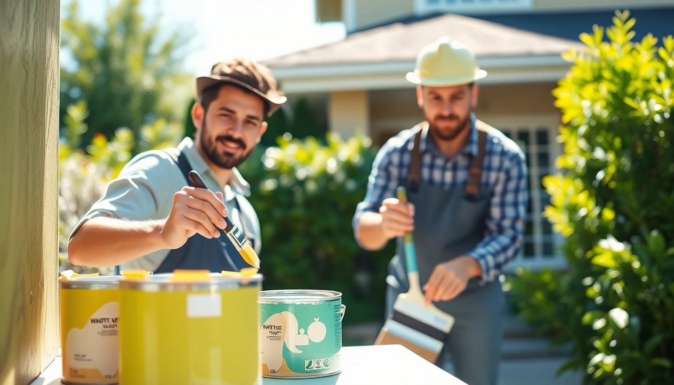 Eco friendly painters applying non-toxic paint on a home, showcasing their sustainability efforts.