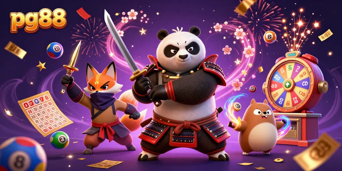 Engage with pg88 at a vibrant casino scene featuring a samurai panda and ninja fox.