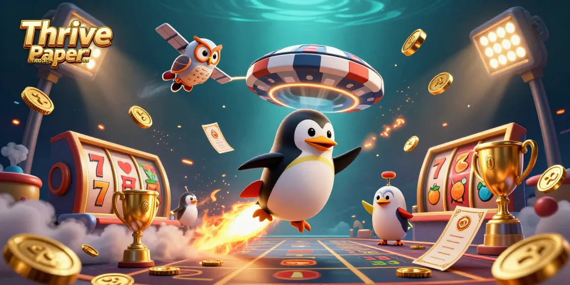 Engage with thrilling casino adventures in Thrive Paper online magazine featuring a cartoon penguin and casino games.