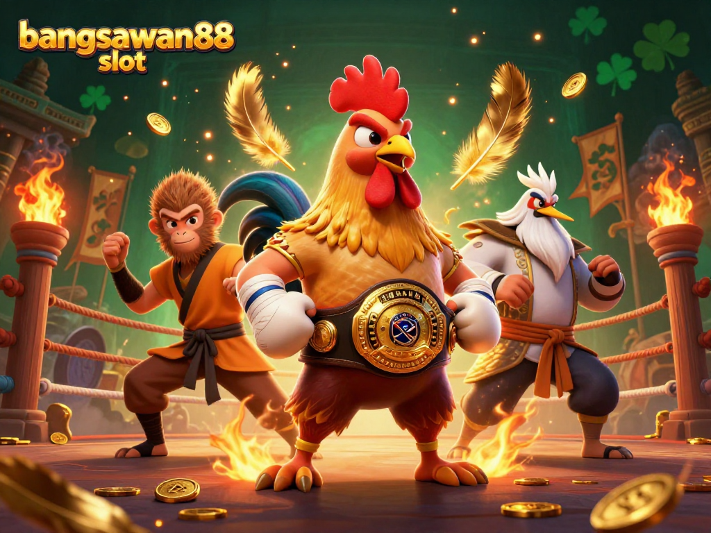 Engage with the bangsawan88 slot featuring vibrant characters in a dynamic casino illustration.