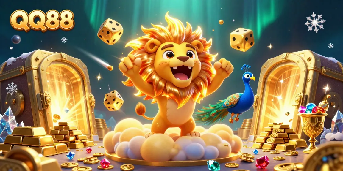 Engage in thrilling QQ88 casino adventures with a cartoon sun lion, golden dice, and sparkling gems.