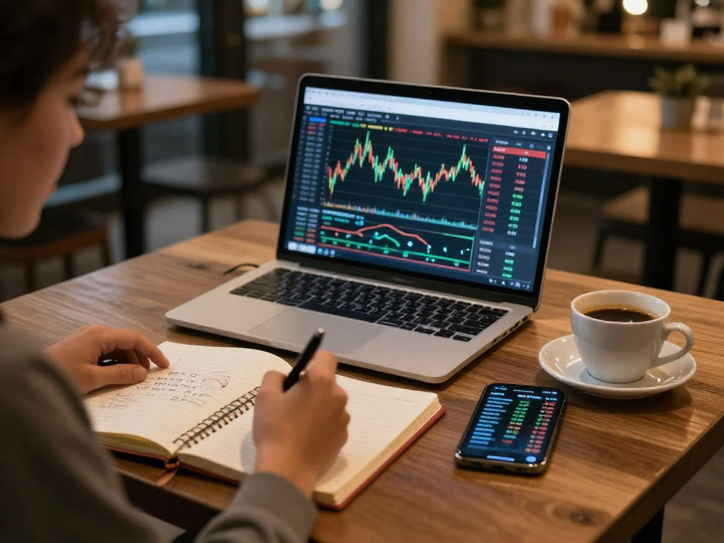 MetaTrader 5 官网,交易者在咖啡馆分析加密货币图表,展示出色的区块链交易策略。