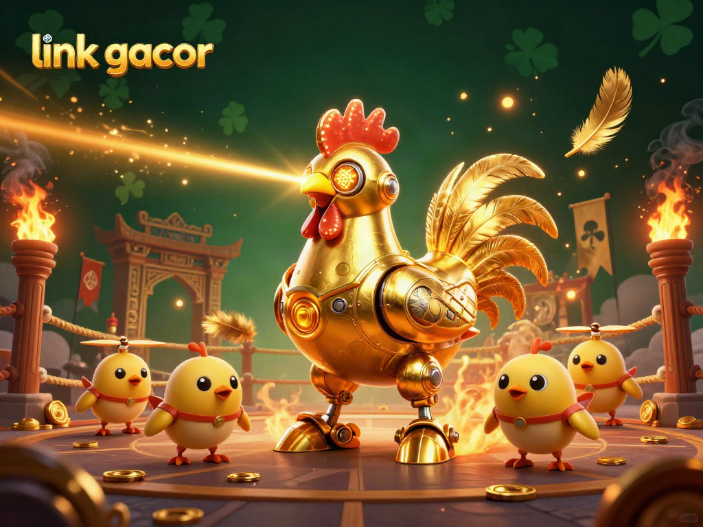 Engage with link gacor in this vibrant 3D scene of a golden rooster robot and baby chicks in a dynamic casino atmosphere.